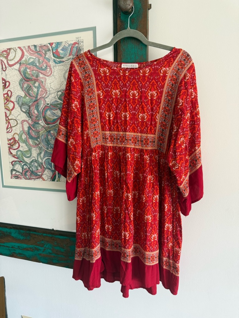 R.Vivimos Red Cotton Bohemian Floral Tunic Dress